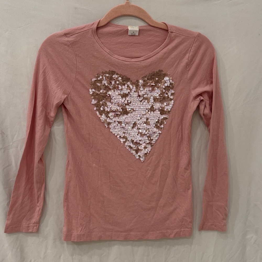 Crewcuts Girls T Shirt L 12 Cotton pink Glitter Heart Long Sleeve Crew Neck Top